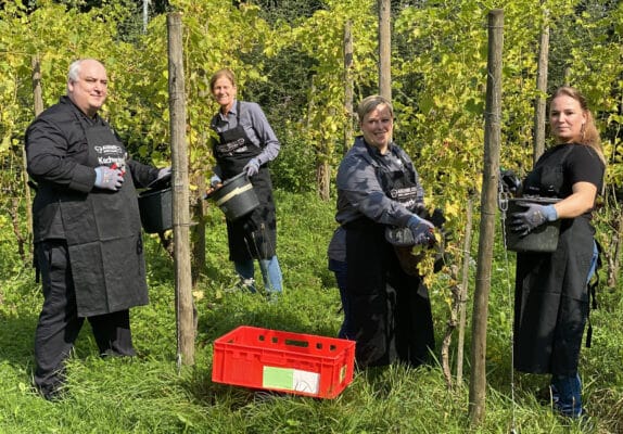 Sie freuten sich über die Weinlese im Sonnenschein (v.l.): Küchenchef Thomas Meischner, Sommelière Martina Hocke, Silbermundschenk Constanze Pellen und Hausdame Nicole Katsadorous. Bild: Mercure Tagungs- & Landhotel Krefeld